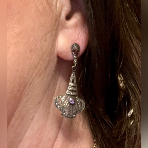 Marcasite and amethyst dangling pierced earrrings - Picture 4 of 4